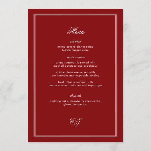 Luxury Old Money Maroon Wedding Menu Menükarte (Vorderseite)