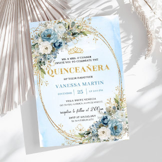 Luxury Pastel Blue Gold Eucalyptus Quince Invites Einladung