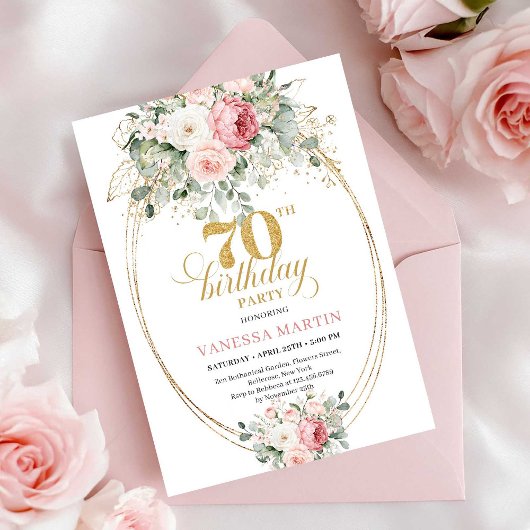 Luxury Pastel Pink Floral 70th Birthday Invitation Einladung
