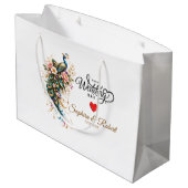 Luxury Peacock Floral – (Custom Name & Date) Große Geschenktüte (Rückseite Schrägansicht)