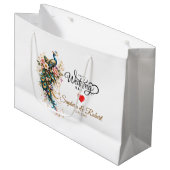 Luxury Peacock Floral – (Custom Name & Date) Große Geschenktüte (Vorderseite Schrägansicht)