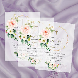 Luxury Pink Blush Floral Gold Cross Baptism Pergament Einladungen