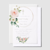 Luxury Pink Blush Floral Gold Cross Baptism Pergament Einladungen (Versetzt)