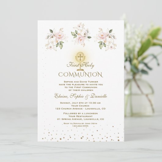 Luxury Pink Blush Floral Triplets Holy Communion Einladung (Stehend Vorderseite)