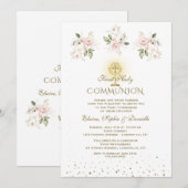 Luxury Pink Blush Floral Triplets Holy Communion Einladung (Vorne/Hinten)