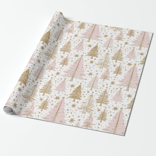 Luxury Pink & Gold Christmas Tree Pattern Holiday Geschenkpapier (Ungerollt)
