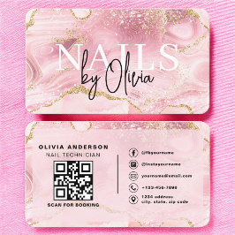Luxury Pink Marble Nail Tech Branding Visitenkarte