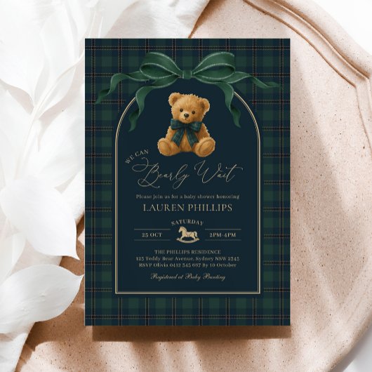 Luxury Plaid Teddy Bear Boy Baby Shower Einladung