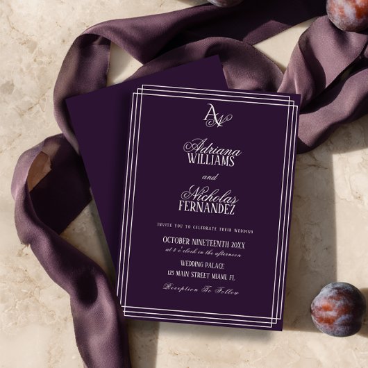 Luxury Plum Monogram Wedding Einladung