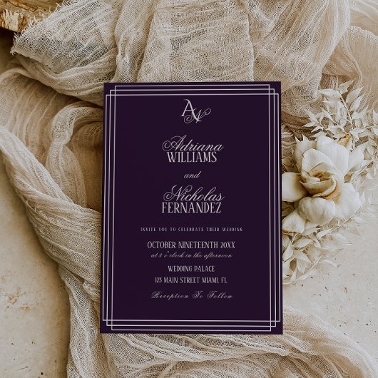Luxury Plum Monogram Wedding Einladung