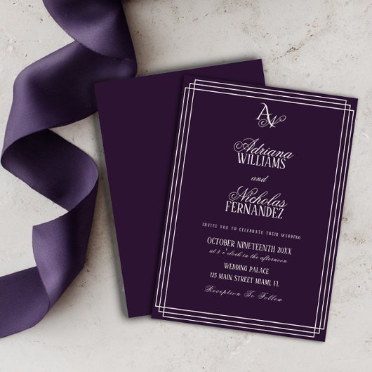 Luxury Plum Monogram Wedding Einladung