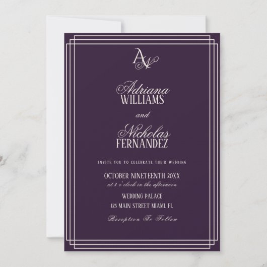 Luxury Plum Monogram Wedding Einladung (Vorderseite)
