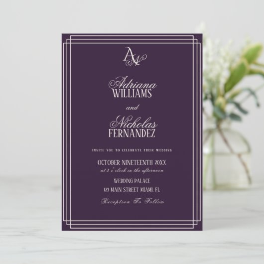 Luxury Plum Monogram Wedding Einladung (Stehend Vorderseite)