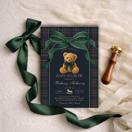 Luxury Polo Teddy Bear Green Bow Plaid Baby Shower Einladung