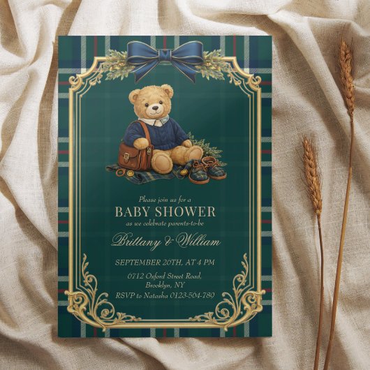 Luxury Preppy Teddy Bear Plaid Baby Shower  Einladung