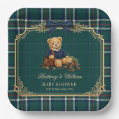 Luxury Preppy Teddy Bear Plaid Baby Shower Pappteller (Vorderseite)