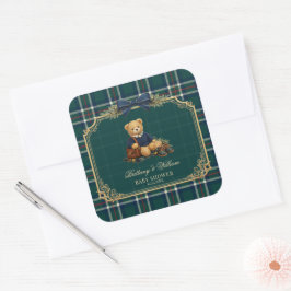 Luxury Preppy Teddy Bear Plaid Baby Shower  Quadratischer Aufkleber