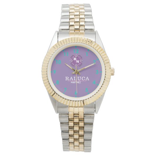 Luxury Purple Gold Personalized Custom Monogram Armbanduhr (Vorderseite)