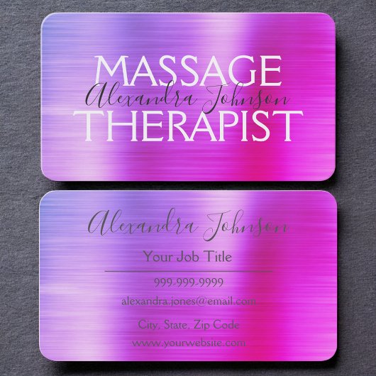 Luxury Purple Pink Brushed Metal Massage Therapy Visitenkarte