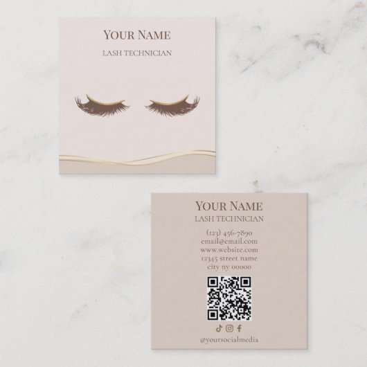 Luxury QR code Beige and Gold Lash Technician Quadratische Visitenkarte (Vorne/Hinten)