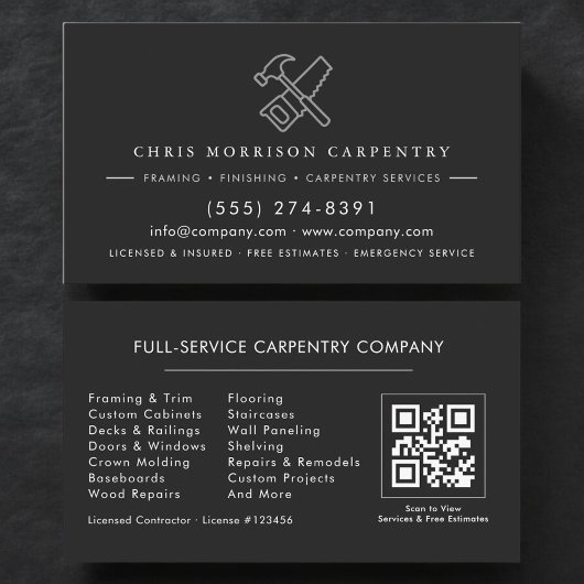 Luxury QR Code Carpenter Carpentry Black Silver Visitenkarte