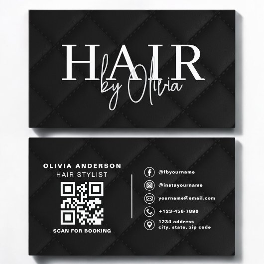 Luxury QR Code Hair Stylist Black Quilted Fabric Visitenkarte