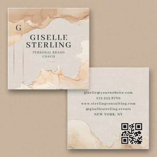 Luxury QR Code Linen Watercolor Gold Foil  Quadratische Visitenkarte
