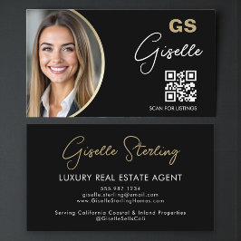 Luxury Real Estate Agent QR Code Black Gold Photo  Visitenkarte