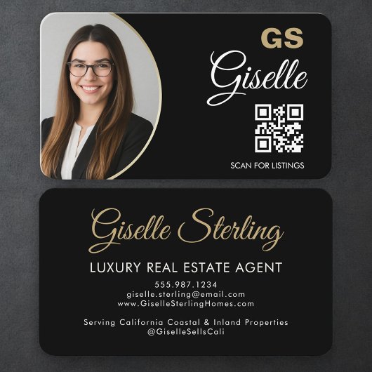 Luxury Real Estate Agent QR Code Black Gold Photo  Visitenkarte