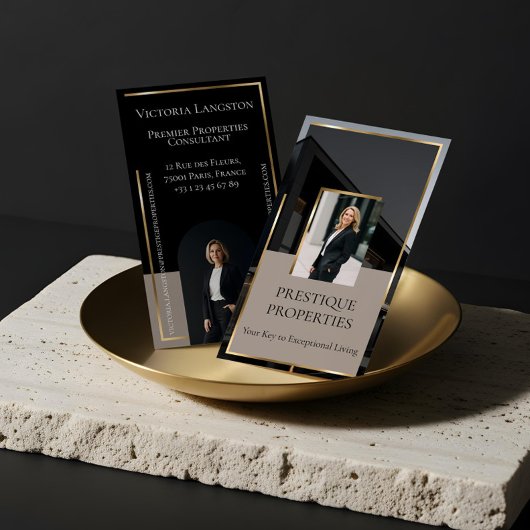 Luxury Real Estate Black Gold Photo Monogram Visitenkarte