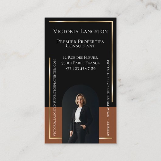 Luxury Real Estate Black Gold Photo Monogram Visitenkarte (Rückseite)