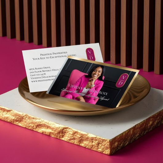 Luxury Real Estate Black Gold Pink Photo Monogram Visitenkarte