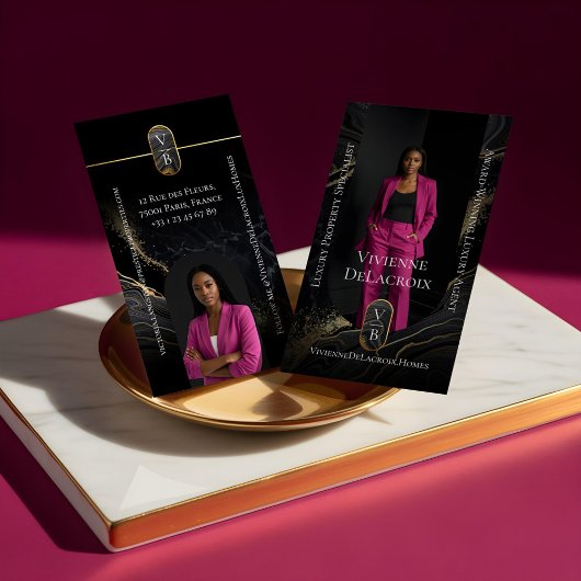 Luxury Real Estate Elegant Black Gold Marble Photo Visitenkarte