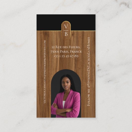 Luxury Real Estate Elegant Woodgrain & Gold Photo Visitenkarte (Rückseite)