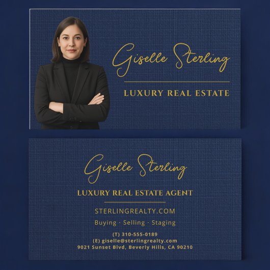 Luxury Real Estate Navy Blue Gold Linen Visitenkarte