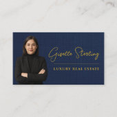 Luxury Real Estate Navy Blue Gold Linen Visitenkarte (Vorderseite)