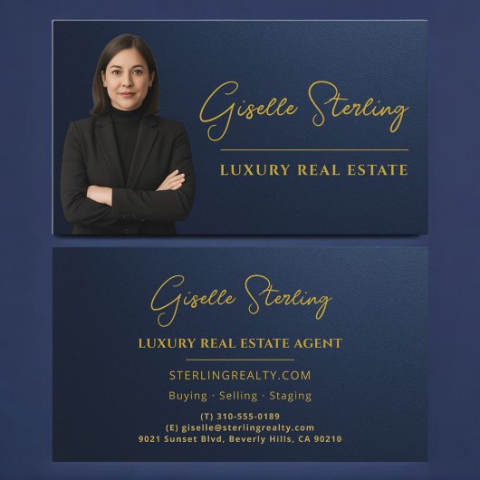 Luxury Real Estate Navy Blue Gold Metallic Visitenkarte