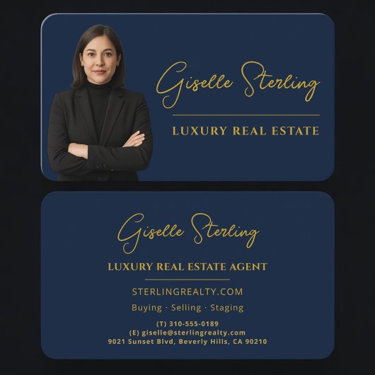 Luxury Real Estate Navy Blue Gold Script  Visitenkarte