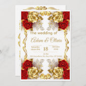Luxury Red and Gold Floral Wedding Invitation Einladung (Vorne/Hinten)