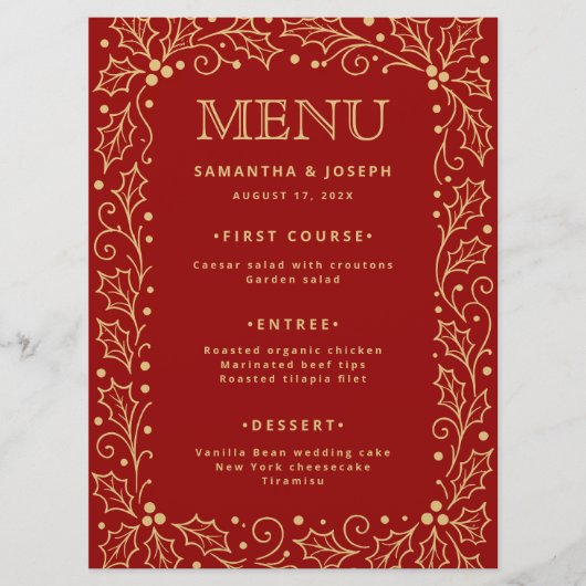 Luxury Red & Antique-Gold Wedding Menu Card Menükarte (Vorderseite)
