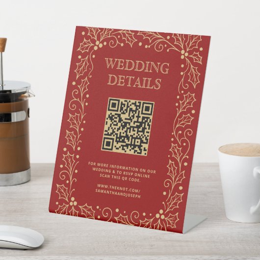 Luxury Red & Antique-Gold Wedding QR Code Sign Sockelschild (In SItu)