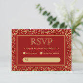 Luxury Red & Antique-Gold Wedding RSVP Karte (Stehend Vorderseite)