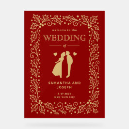 Luxury Red & Antique-Gold Wedding Welcome Acrylschild