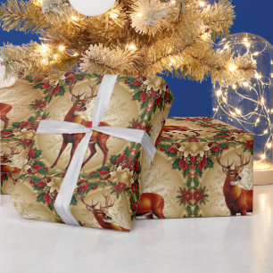 Luxury Red Deer Moose Gold Snow Merry Xmas Muster Geschenkpapier