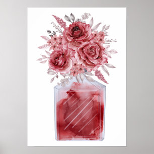 Luxury Red Glam Floral Watercolor Perfume Bottle Poster
