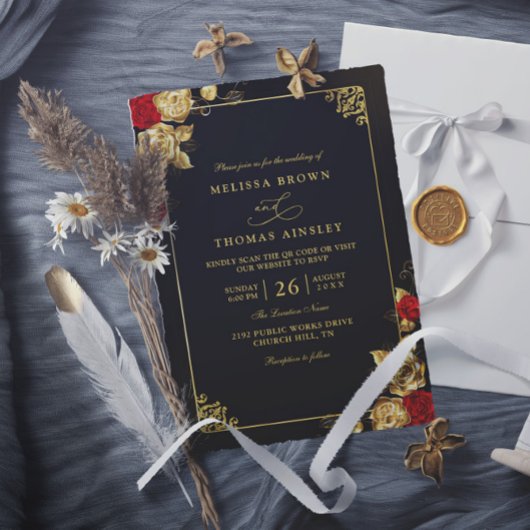 Luxury Red Gold and Black Elegant QR Code Wedding Einladung