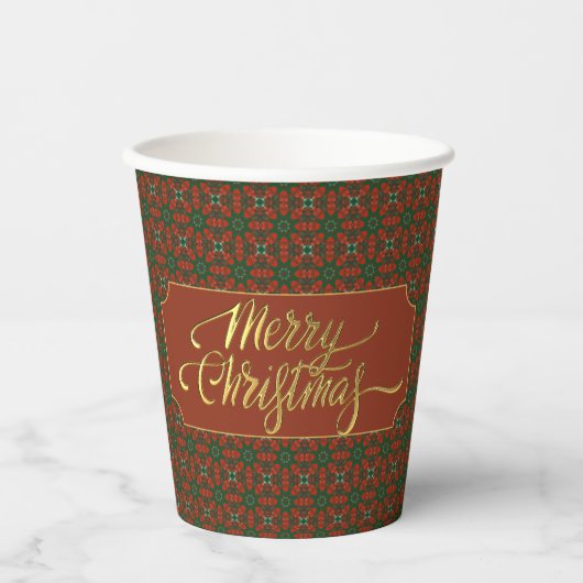 Luxury Red & Green Merry Christmas – Elegant Gold Pappbecher (Vorderseite)