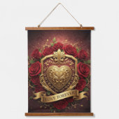 Luxury Red Rose Gold Heart Wall Tapestry Wandteppich Mit Holzrahmen (Vorderseite)