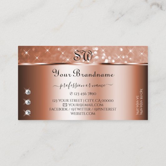 Luxury Rose Gold Glitter Stars Diamonds Monogram Visitenkarte (Rückseite)