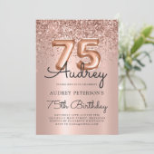 Luxury Rose Gold Glitzer Ballon 75. Geburtstag Einladung (Stehend Vorderseite)